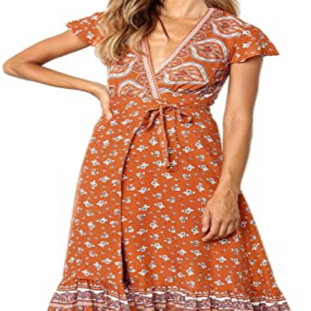 Bohemian Floral Printed Wrap V Neck Short Sleeve